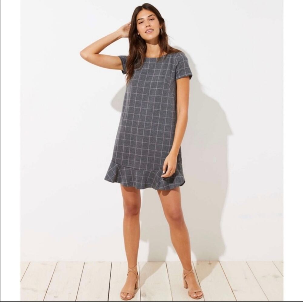 Loft Gray Pink Windowpane Flounce Ruffle Hem Preppy Classic Mini Dress